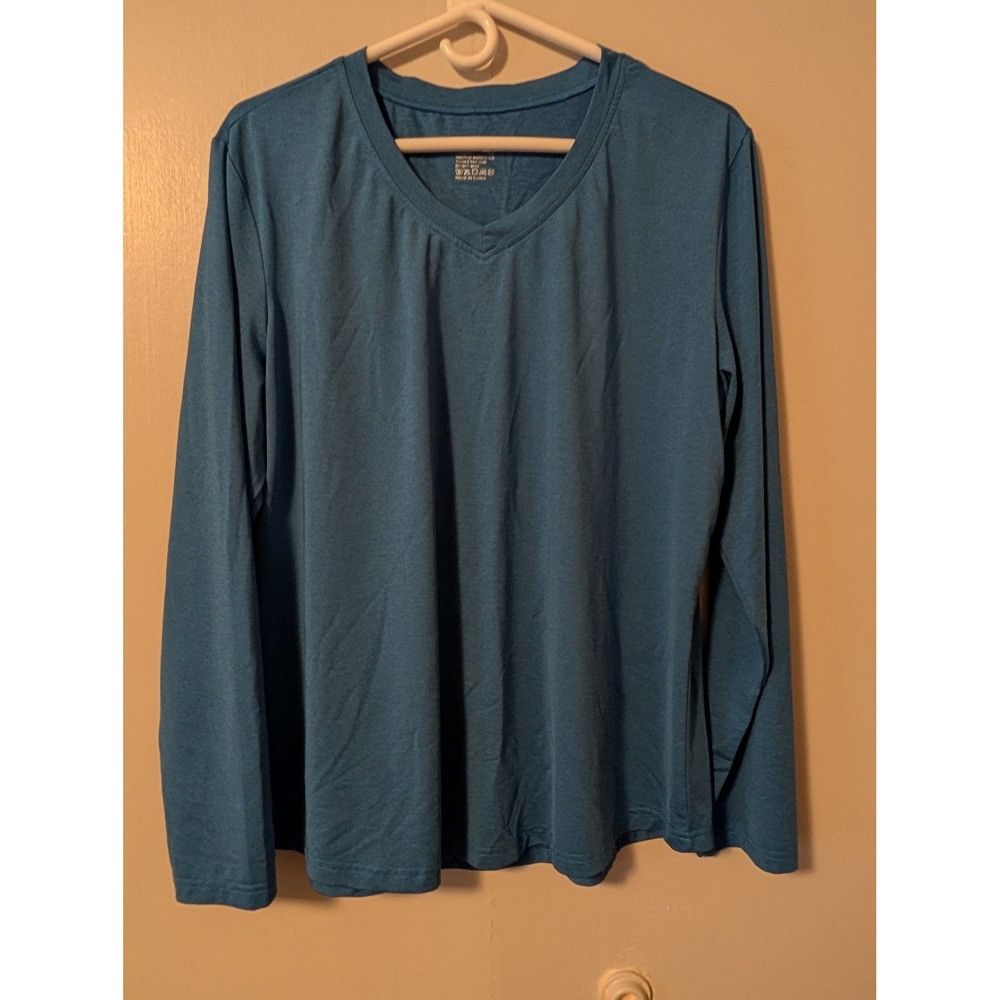 Womens Heathered Teal Blue V-Neck Long Sleeve Activewear Top XL Stretch Athletic